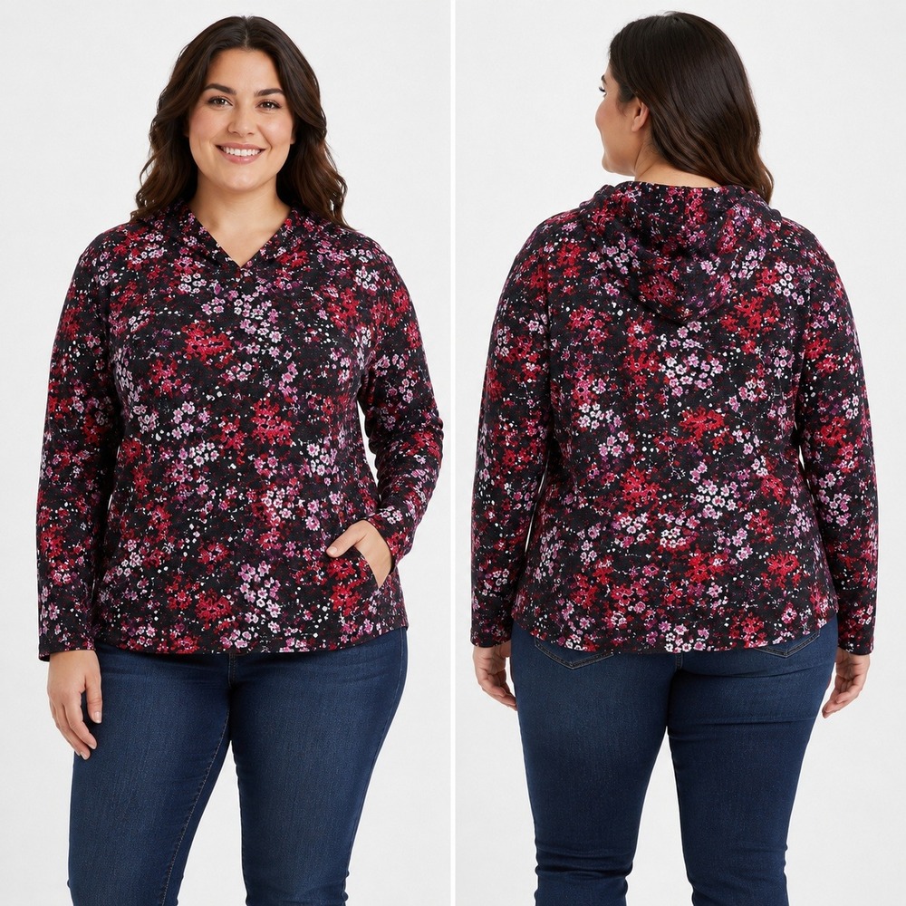 d&co Womens 2X Black Floral Waffle Knit Hoodie Long Sleeve Thermal Top Plus Cozy